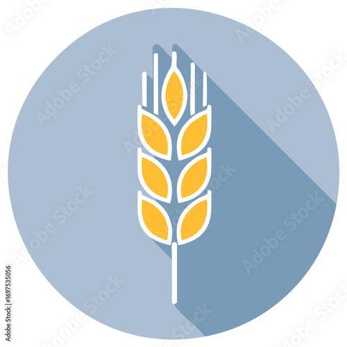 Golden wheat ear flat design icon with modern long shadow style symbol