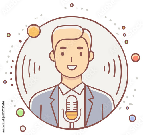 Man in suit speaks into vintage microphone with sound waves and colorful dots