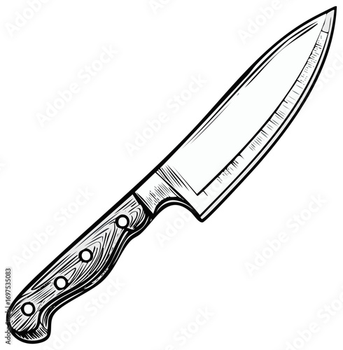 Chef knife kitchen utensil black and white hand drawn illustration