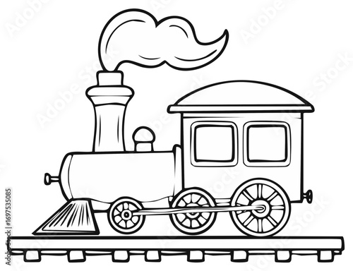 Line Art Illustration of Vintage Locomotive Train on Railroad Tracks with Steaming Chimney