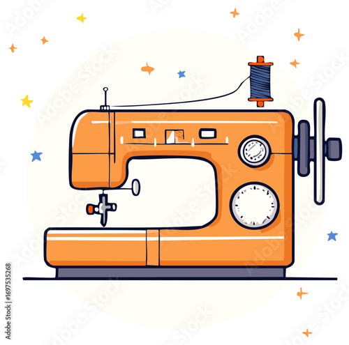 Cute orange sewing machine cartoon illustration for crafting and DIY projects