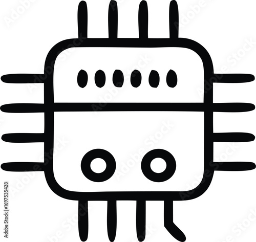Hand-drawn icon representing a microchip processor or central processing unit with pins for electronic connections symbolizing technology and computing power