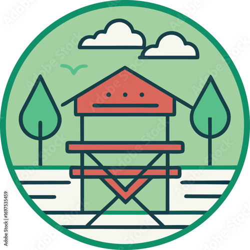 Charming picnic shelter with trees and clouds in a circular emblem
