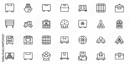 A collection of logistic and transportation icons depicting various shipping and delivery elements in outline style