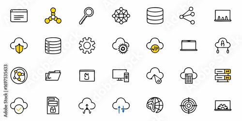 Collection of network and cloud computing icons including data storage and security elements in a grid layout