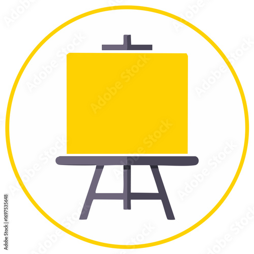 Illustration of an artist's easel and a blank canvas inside a gold circle.