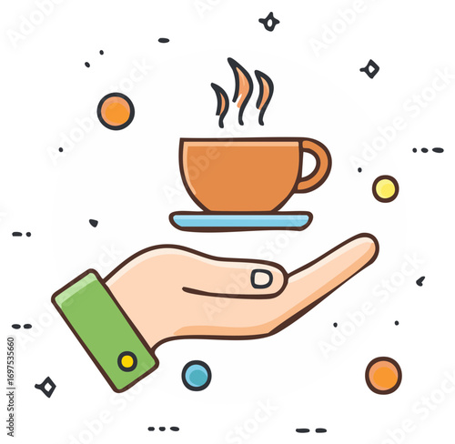 Hand holding a cup of hot coffee, illustrated vector design.