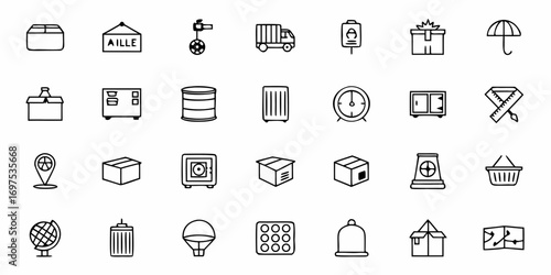 Collection of assorted line art icons including boxes, delivery truck, and various other miscellaneous items