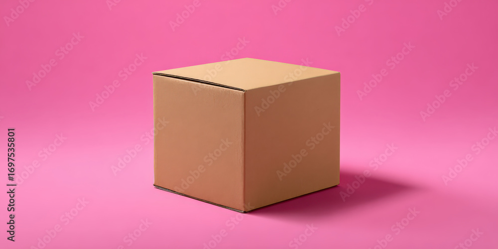 Obraz premium Single cardboard box is centered on vibrant pink background, creating minimalistic and modern product photo. simplicity and color contrast evoke sense of creativity and style