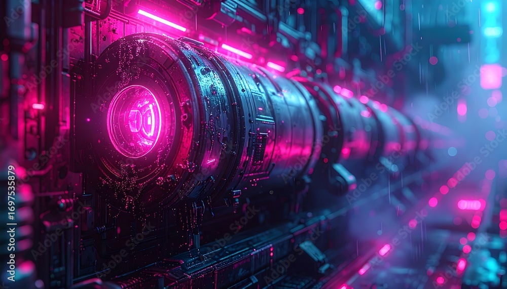 Fototapeta premium Futuristic, metallic structure with glowing neon lights