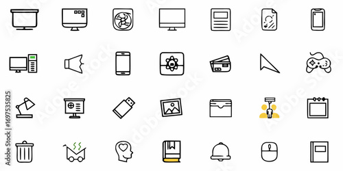 Various office and technology icons arranged in a grid pattern with simple black outline style