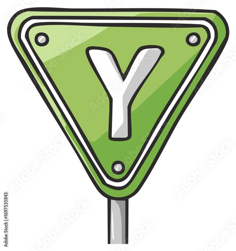 Cartoon road sign with Y junction ahead, green triangle and light vector graphic style