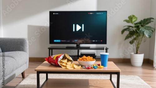 Enjoying a Cozy Movie Night at Home With Snacks and Drinks in a Stylish Living Room