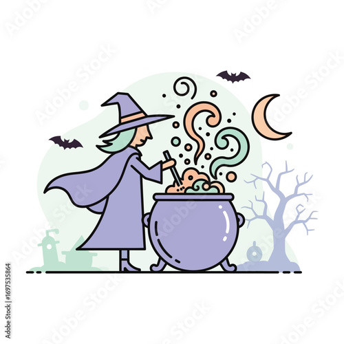 Witch stirring potion in cauldron on halloween night with bats flying and moon shining, creating a spooky and magical atmosphere.
