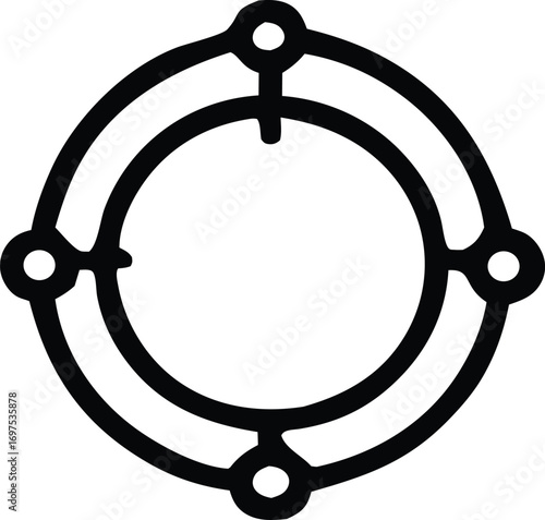 Concentric circle symbol with four outer circles and connecting lines abstract graphic design element icon