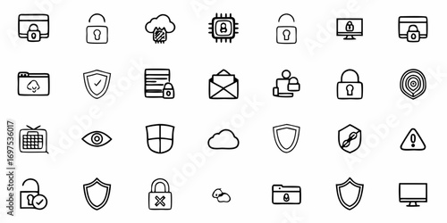 Collection of security icons featuring locks shields clouds and other related symbols in a simple line art style