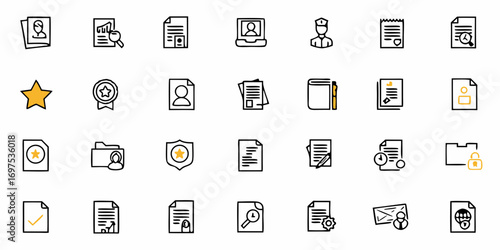 Collection of document and file related icons including profile search and security elements set on white