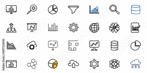 Collection of data analysis and business intelligence icons featuring charts graphs and database symbols design