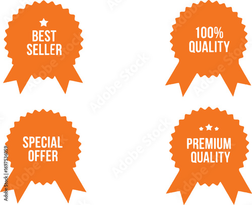 Set of four orange award ribbons with different messages for sales and quality