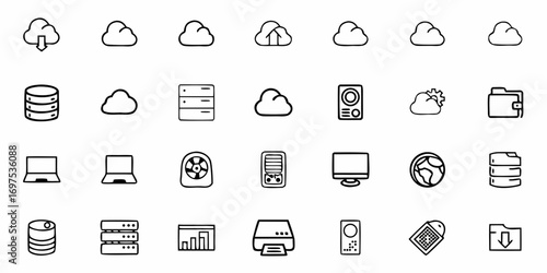 Outline icons depicting cloud computing, servers, and various digital devices in a grid format