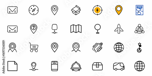 Collection of various outline icons including map markers compass and transport related symbols and objects