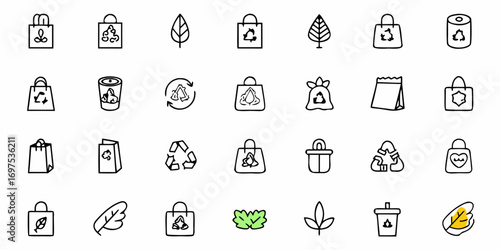 Illustration of various recycling and eco friendly icons including bags and leaves in a doodle style