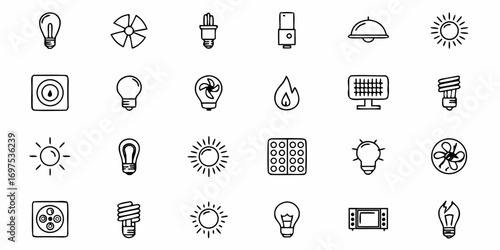 Illustration showing various light sources and electrical components in a simple black outline style