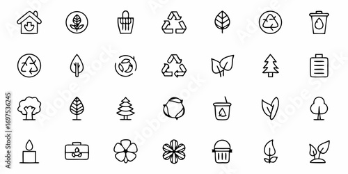 Collection of black and white environmental and recycling themed icons in a doodle drawing style