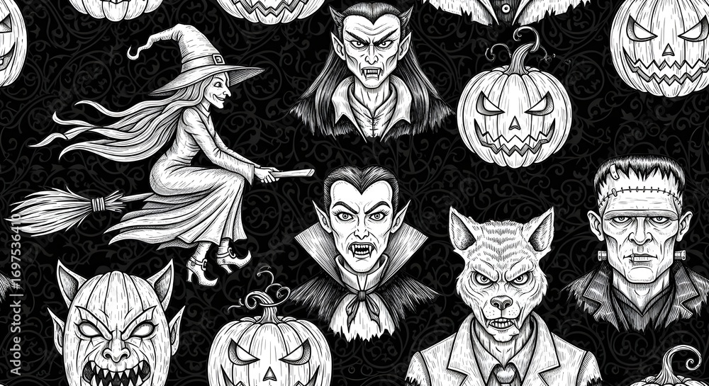 Halloween background. Gothic pattern seamless texture. Witch, vampire, monsters, pumpkin head sketches. Hand drawn vector illustrationNOT AI generated 