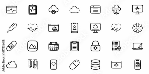 Collection of medical and technology icons including heart rate, cloud, and mobile devices in black line art