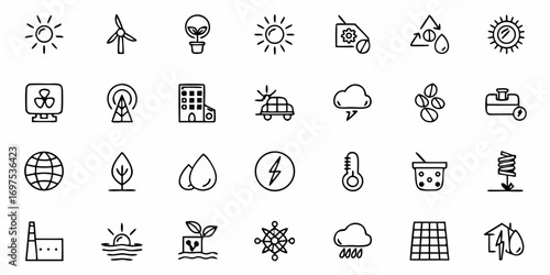 Collection of environmental and energy related icons representing sustainability and green technology themes