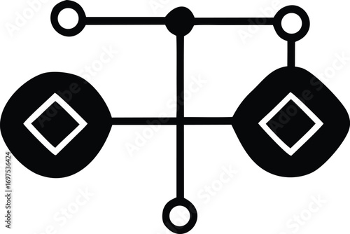 Abstract geometric family tree diagram symbols connecting circles and squares for genealogy research and data visualization