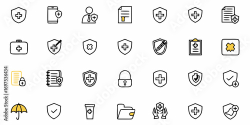 Collection of various security and protection icons including shields and medical symbols in black outline