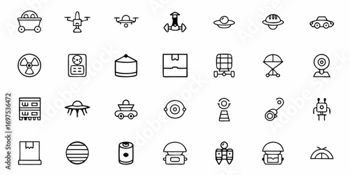 Illustration featuring various space exploration and science fiction themed outline icons in a grid pattern