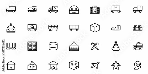 Line art icons depicting various transportation and logistics elements in a structured grid format