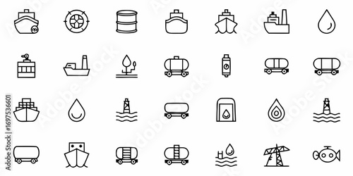 Collection of black and white line art icons depicting various maritime and industrial related objects and symbols