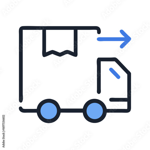 Blue delivery truck icon with arrow on black background