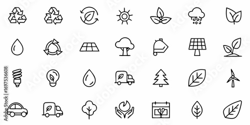 Outline icons representing environmental conservation and renewable energy sources in a grid layout