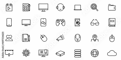 Illustration of various office and technology icons arranged in a grid pattern isolated on white background