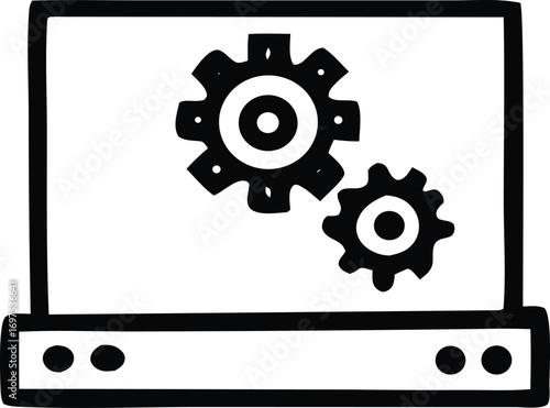 Hand drawn laptop screen displaying cogwheels symbolizing software development process and system settings configuration