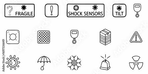 Illustration of various packaging symbols including fragile shock sensors tilt and other warning signs icons 100