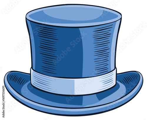 Elegant Blue Top Hat Illustration with a Ribbon, Classic Style, Fashionable Headdress