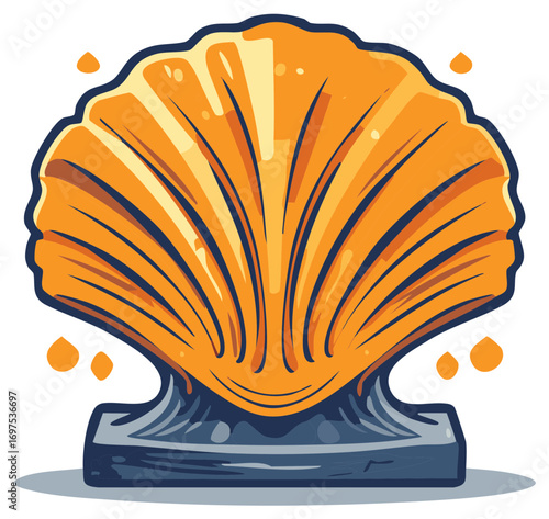 Stylized illustration of a vibrant orange seashell with radiating lines and base