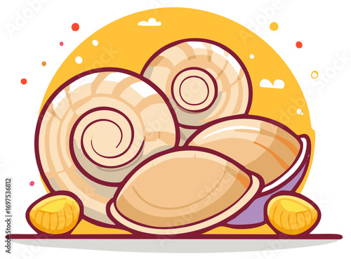 Collection of stylized seashells and pebbles against a yellow backdrop with scattered dots and clouds