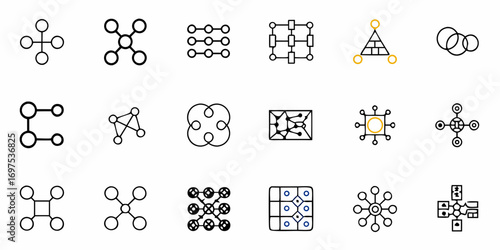 Collection of abstract network diagrams and connection icons in varied geometric configurations and layouts