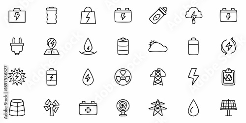 Illustration of various energy related icons including batteries solar panels and other energy sources