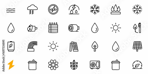 Collection of energy and environmental icons representing power sources and natural elements in line art