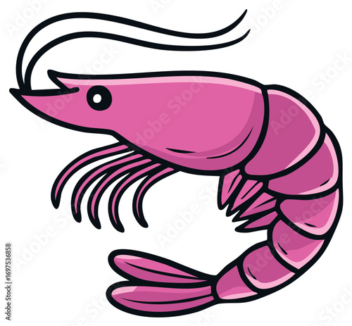 Pink Shrimp Cartoon Illustration with Antennae, Legs, and Segmented Tail for Seafood Themes