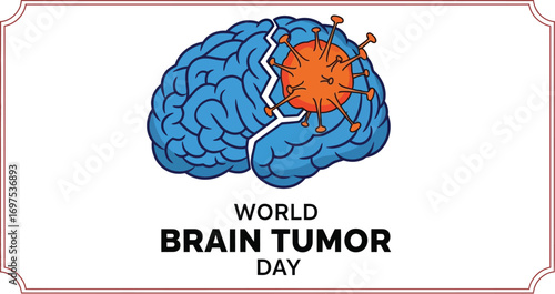 World Brain Tumor Day illustration showing a virus attacking a cracked brain