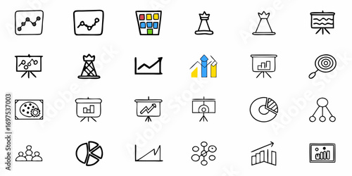 Illustration of various business and strategy icons including charts graphs and presentation boards displayed